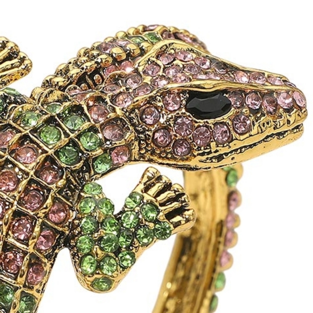 Pink & Green Rhinestone Alligator Crocodile Cuff Bracelet Statement Jewelry - Picture 3 of 3